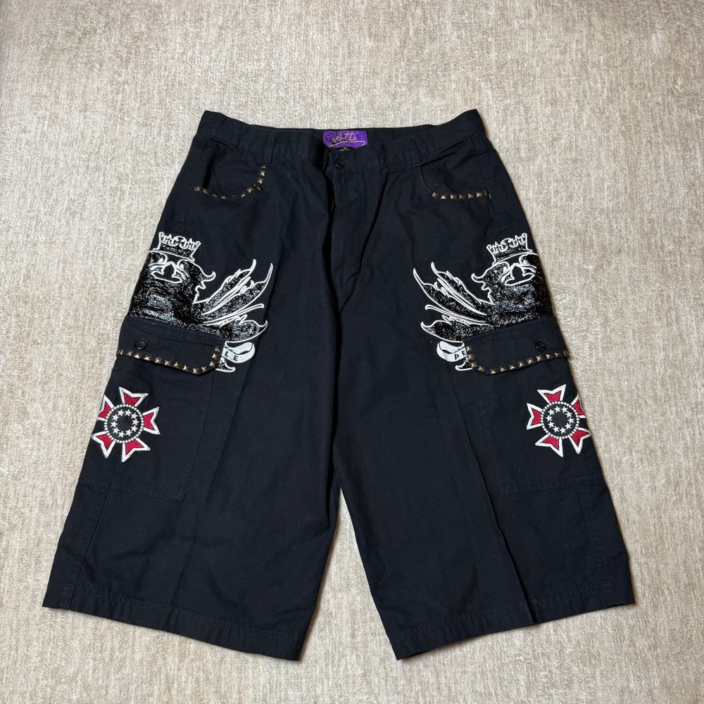 Atti Skater Cargo Shorts‎ Embellished Studded Pockets Black Cotton Mens Size 36
